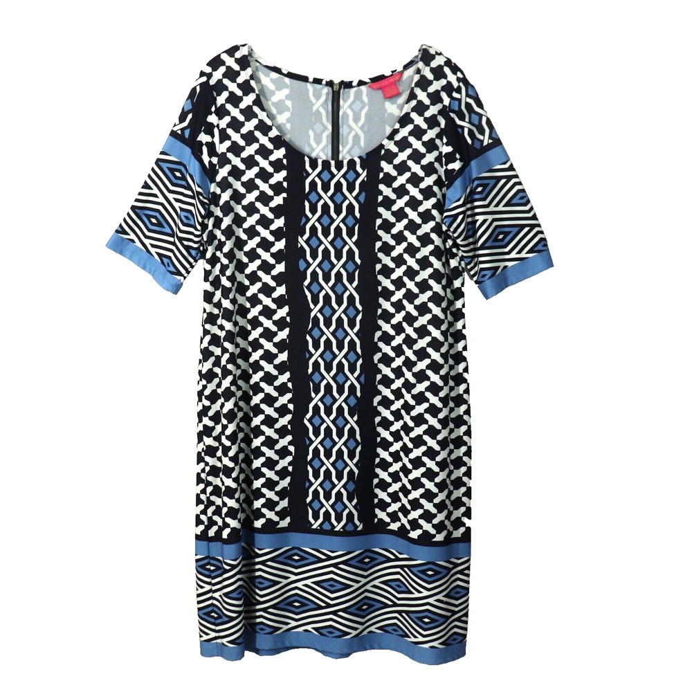 Sunny Leigh Shift Dress XL Blue Black Tribal Geo Short Sleeve Zipper Stretch